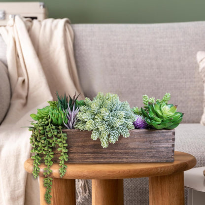 15" Assorted Artificial Succulent Arrangement Assorted Succulents in Rectangular Wooden Planter Faux Potted Plant for Farmhouse Table Centerpiece Windowsill Shelf Desk Mantel Greenery Décor