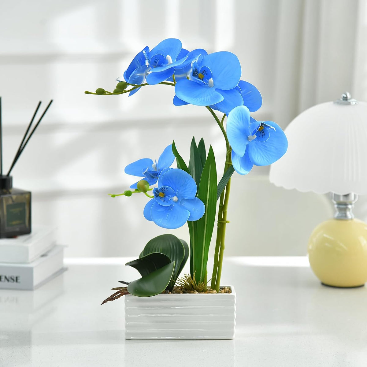 Artificial Real Touch Orchid Flowers with White Ceramic Vase, Orange | Fake Phalaenopsis Arrangement, for Home Table Office Wedding Party Decoration