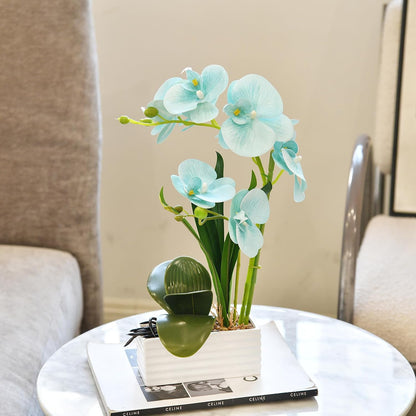 Artificial Real Touch Orchid Flowers with White Ceramic Vase, Orange | Fake Phalaenopsis Arrangement, for Home Table Office Wedding Party Decoration