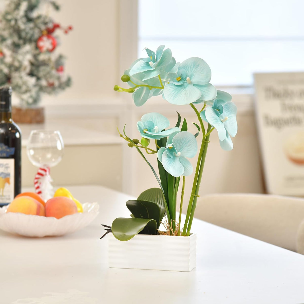 Artificial Real Touch Orchid Flowers with White Ceramic Vase, Orange | Fake Phalaenopsis Arrangement, for Home Table Office Wedding Party Decoration