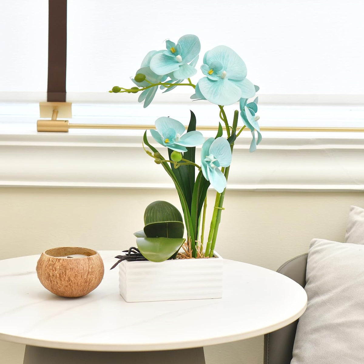 Artificial Real Touch Orchid Flowers with White Ceramic Vase, Orange | Fake Phalaenopsis Arrangement, for Home Table Office Wedding Party Decoration