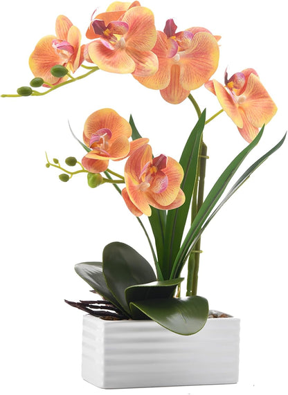 Artificial Real Touch Orchid Flowers with White Ceramic Vase, Orange | Fake Phalaenopsis Arrangement, for Home Table Office Wedding Party Decoration