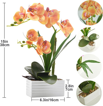Artificial Real Touch Orchid Flowers with White Ceramic Vase, Orange | Fake Phalaenopsis Arrangement, for Home Table Office Wedding Party Decoration