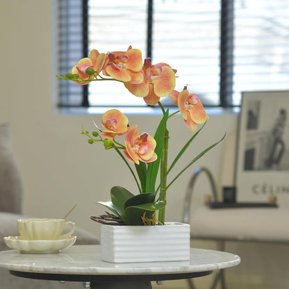 Artificial Real Touch Orchid Flowers with White Ceramic Vase, Orange | Fake Phalaenopsis Arrangement, for Home Table Office Wedding Party Decoration