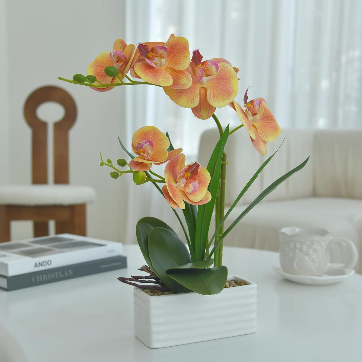 Artificial Real Touch Orchid Flowers with White Ceramic Vase, Orange | Fake Phalaenopsis Arrangement, for Home Table Office Wedding Party Decoration