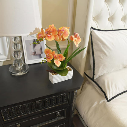 Artificial Real Touch Orchid Flowers with White Ceramic Vase, Orange | Fake Phalaenopsis Arrangement, for Home Table Office Wedding Party Decoration