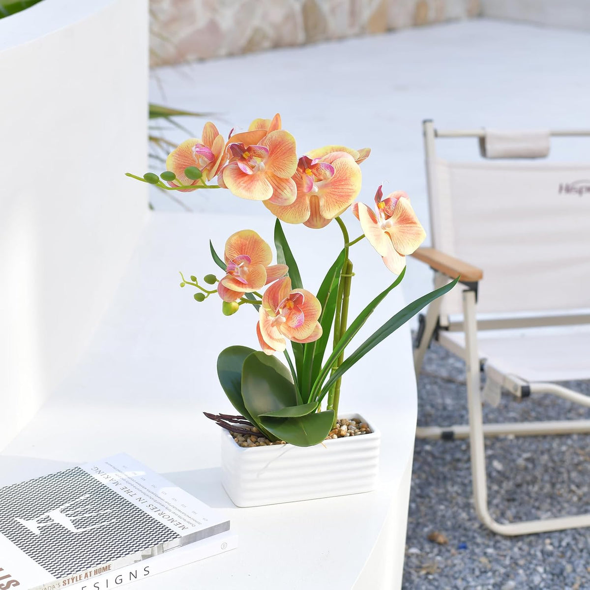 Artificial Real Touch Orchid Flowers with White Ceramic Vase, Orange | Fake Phalaenopsis Arrangement, for Home Table Office Wedding Party Decoration