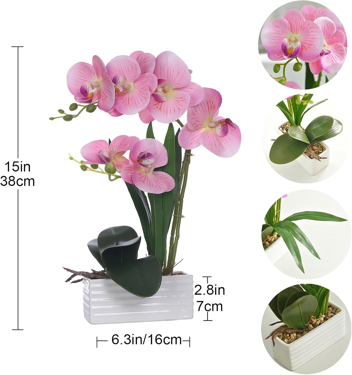 Artificial Real Touch Orchid Flowers with White Ceramic Vase, Orange | Fake Phalaenopsis Arrangement, for Home Table Office Wedding Party Decoration