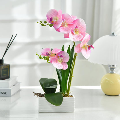 Artificial Real Touch Orchid Flowers with White Ceramic Vase, Orange | Fake Phalaenopsis Arrangement, for Home Table Office Wedding Party Decoration