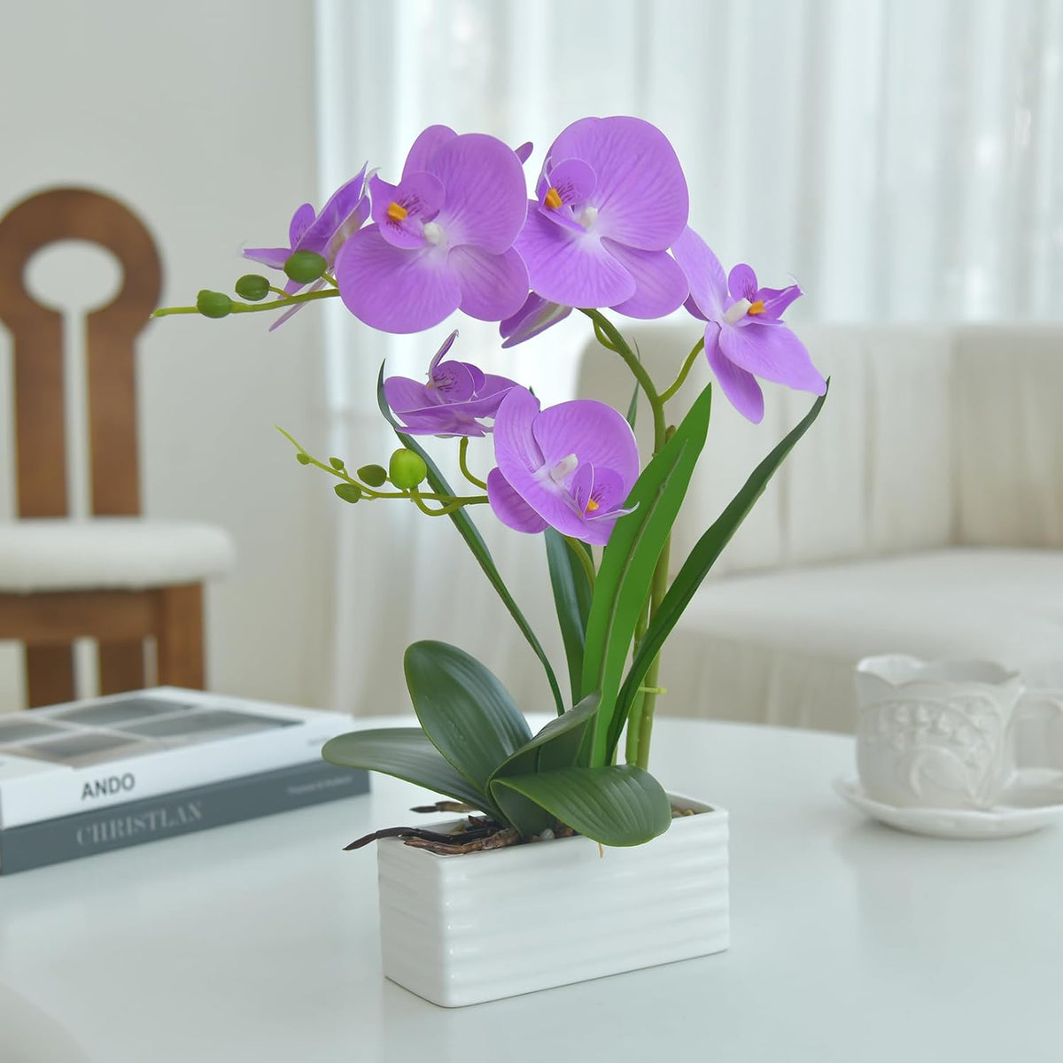 Artificial Real Touch Orchid Flowers with White Ceramic Vase, Orange | Fake Phalaenopsis Arrangement, for Home Table Office Wedding Party Decoration