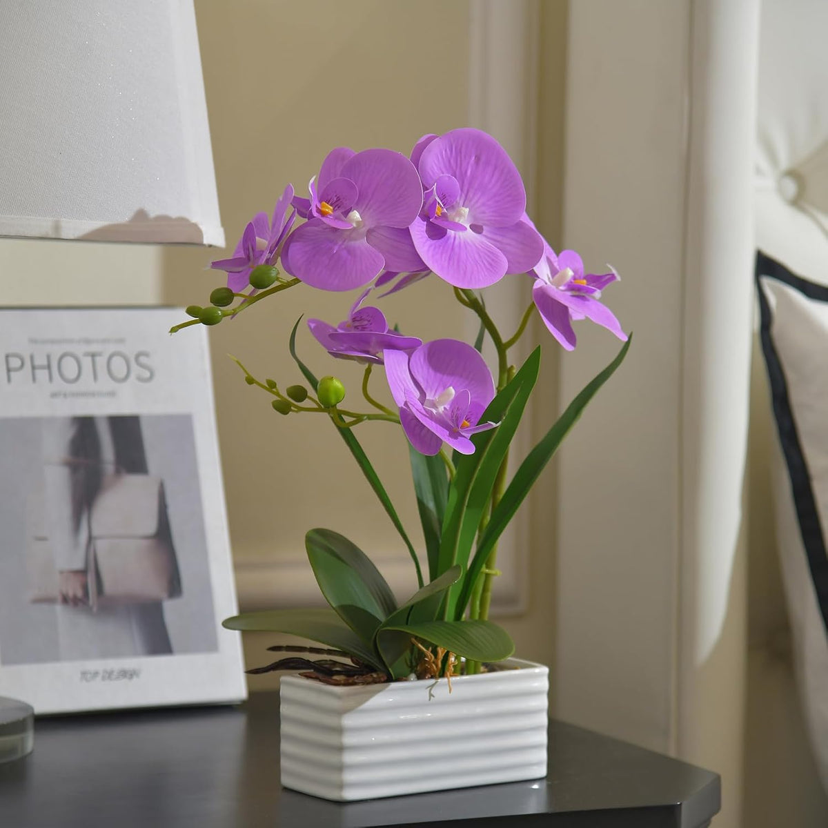 Artificial Real Touch Orchid Flowers with White Ceramic Vase, Orange | Fake Phalaenopsis Arrangement, for Home Table Office Wedding Party Decoration