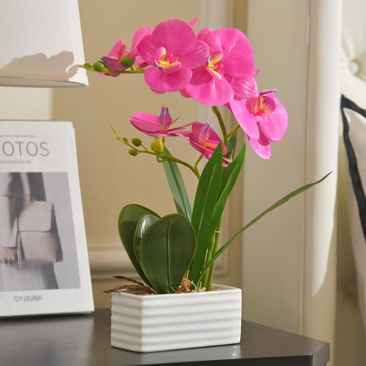 Artificial Real Touch Orchid Flowers with White Ceramic Vase, Orange | Fake Phalaenopsis Arrangement, for Home Table Office Wedding Party Decoration