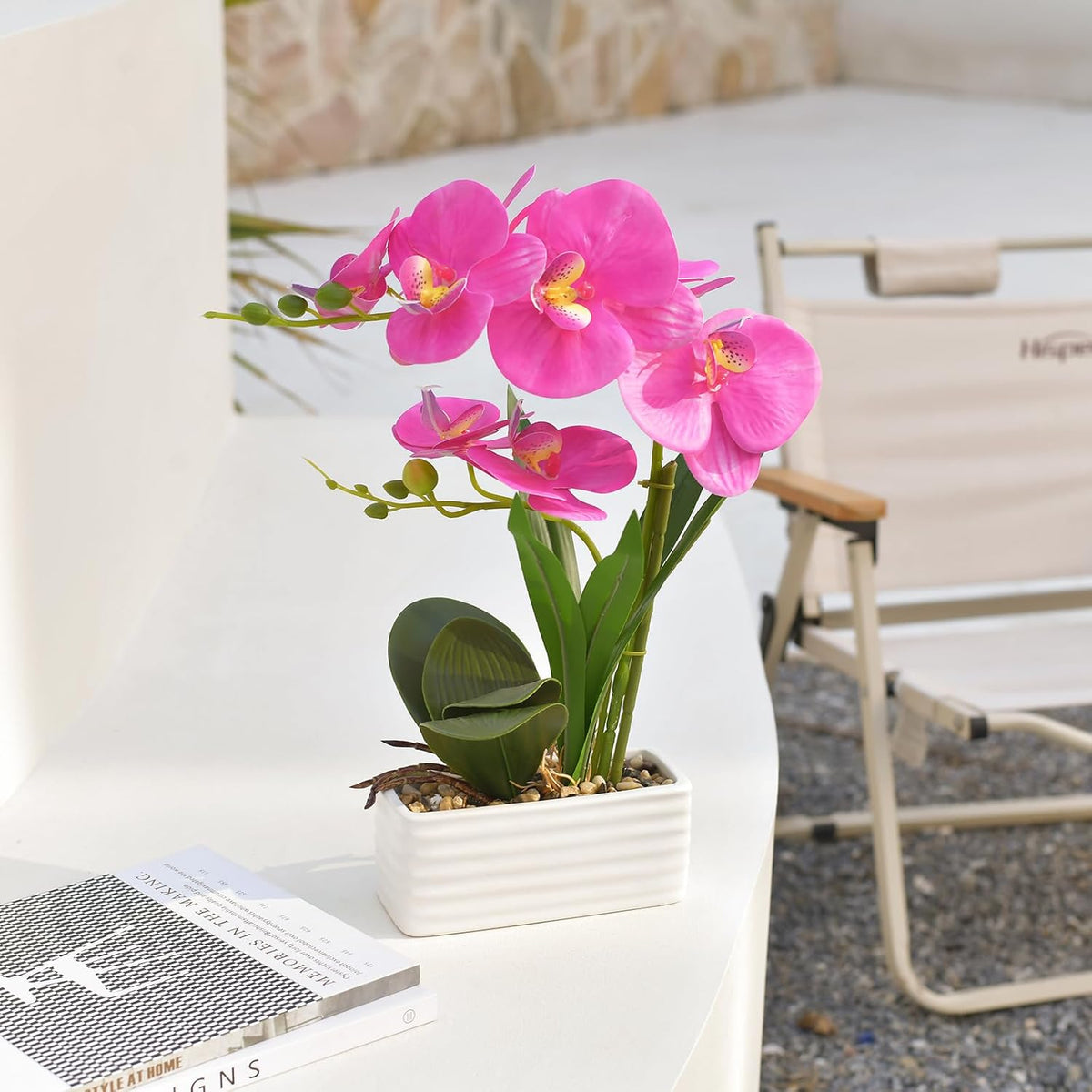 Artificial Real Touch Orchid Flowers with White Ceramic Vase, Orange | Fake Phalaenopsis Arrangement, for Home Table Office Wedding Party Decoration