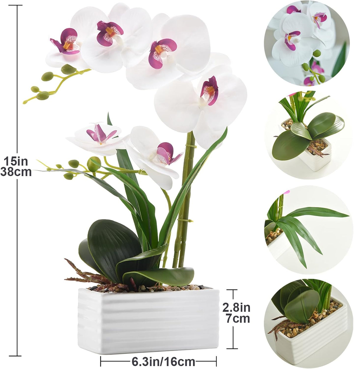 Artificial Real Touch Orchid Flowers with White Ceramic Vase, Orange | Fake Phalaenopsis Arrangement, for Home Table Office Wedding Party Decoration
