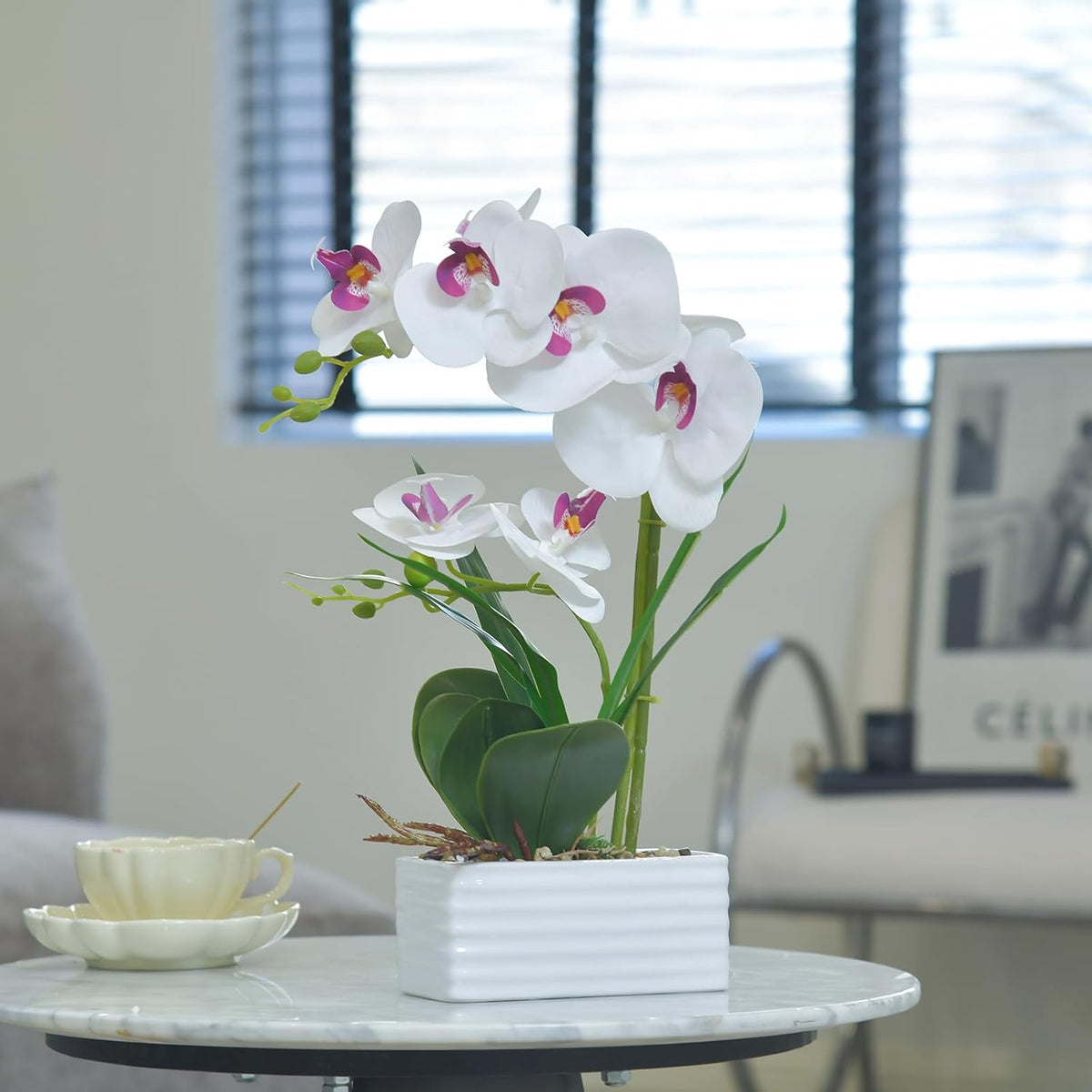 Artificial Real Touch Orchid Flowers with White Ceramic Vase, Orange | Fake Phalaenopsis Arrangement, for Home Table Office Wedding Party Decoration