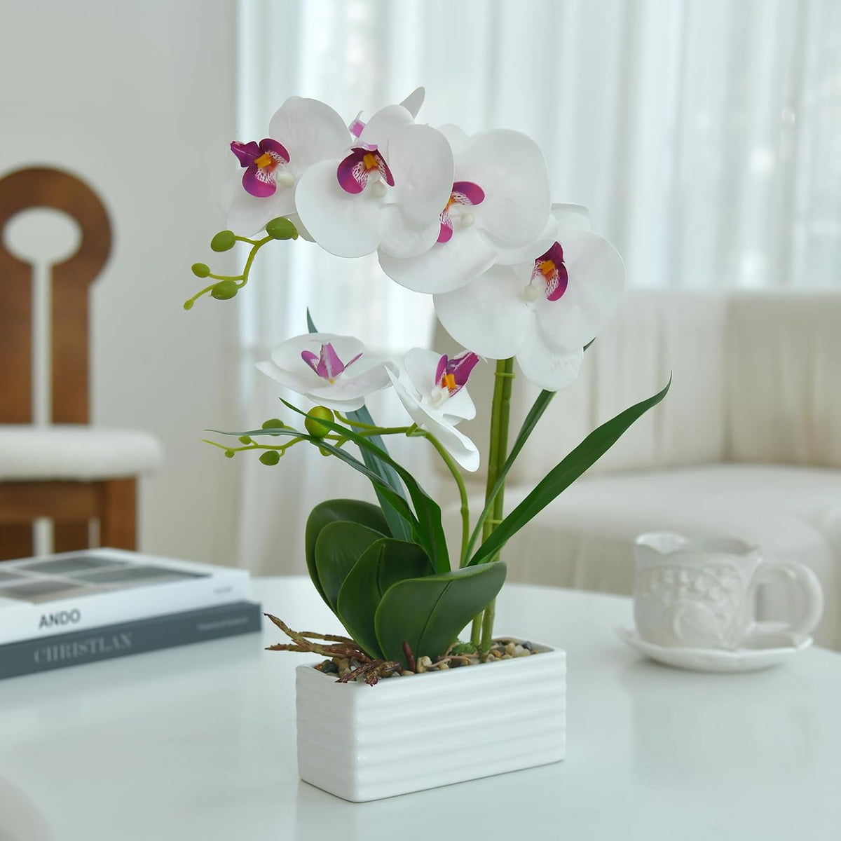 Artificial Real Touch Orchid Flowers with White Ceramic Vase, Orange | Fake Phalaenopsis Arrangement, for Home Table Office Wedding Party Decoration
