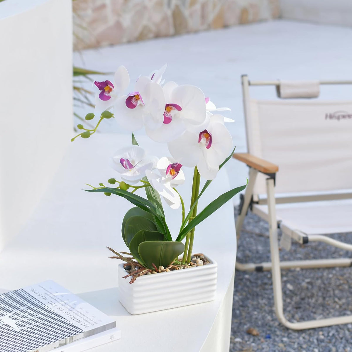 Artificial Real Touch Orchid Flowers with White Ceramic Vase, Orange | Fake Phalaenopsis Arrangement, for Home Table Office Wedding Party Decoration