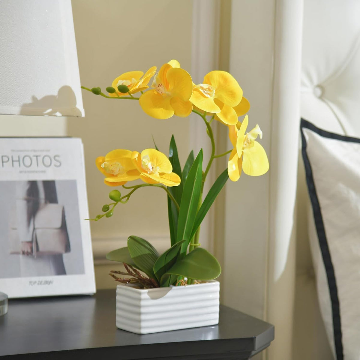 Artificial Real Touch Orchid Flowers with White Ceramic Vase, Orange | Fake Phalaenopsis Arrangement, for Home Table Office Wedding Party Decoration