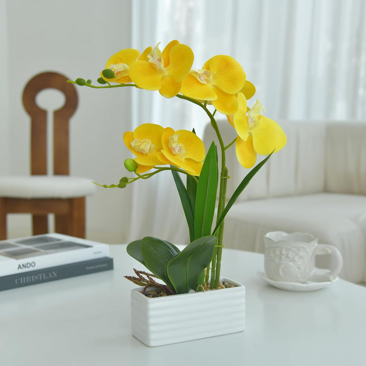 Artificial Real Touch Orchid Flowers with White Ceramic Vase, Orange | Fake Phalaenopsis Arrangement, for Home Table Office Wedding Party Decoration