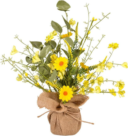 14inch Artificial Daisy and Forsythia Tabletop Decor with Burlap Base, Faux Yellow Flowers Tree Farmhouse Daisies Arrangement for Spring Summer Table Centerpiece Shelf Mantel Decoration