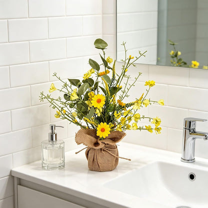 14inch Artificial Daisy and Forsythia Tabletop Decor with Burlap Base, Faux Yellow Flowers Tree Farmhouse Daisies Arrangement for Spring Summer Table Centerpiece Shelf Mantel Decoration