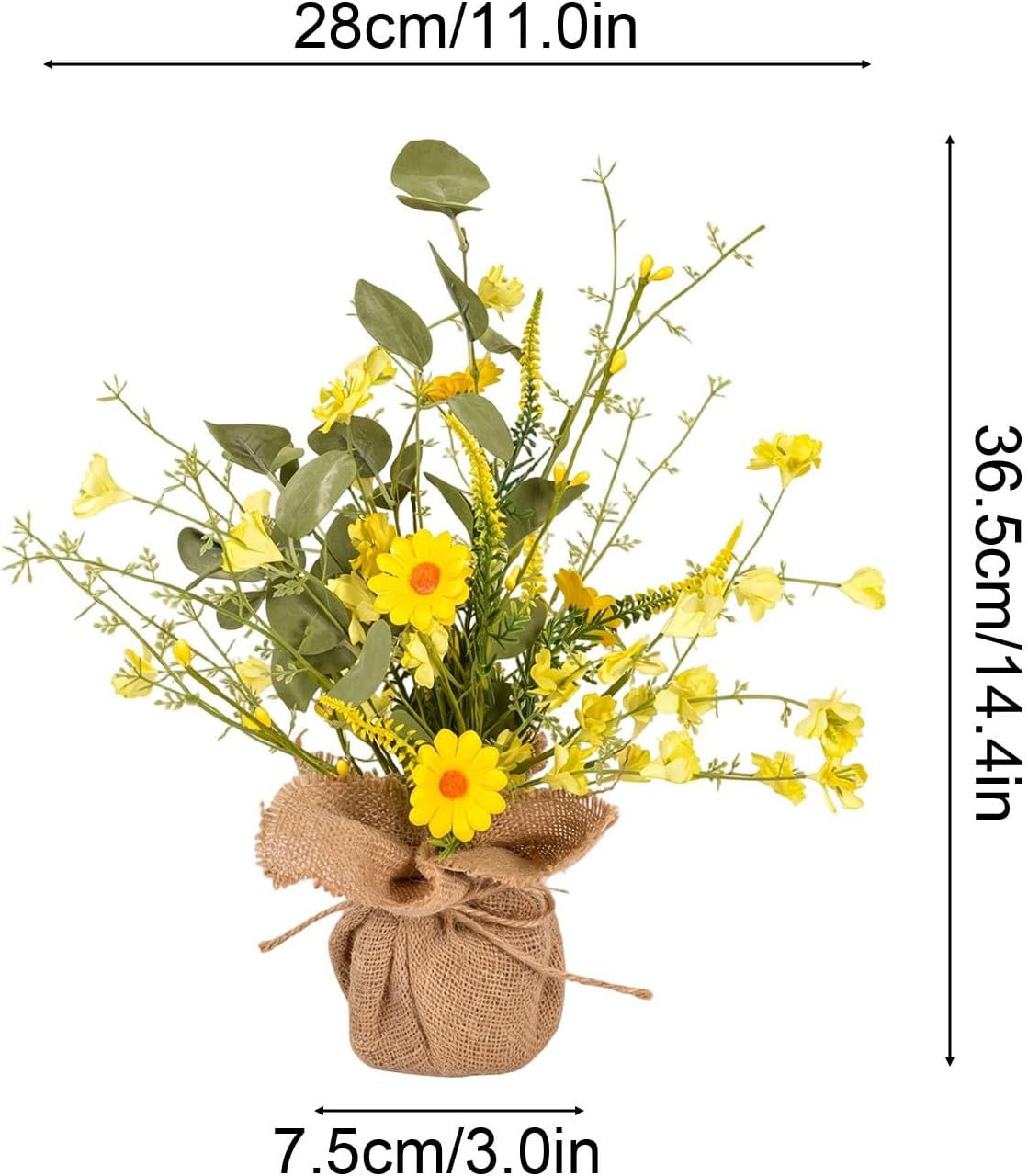 14inch Artificial Daisy and Forsythia Tabletop Decor with Burlap Base, Faux Yellow Flowers Tree Farmhouse Daisies Arrangement for Spring Summer Table Centerpiece Shelf Mantel Decoration