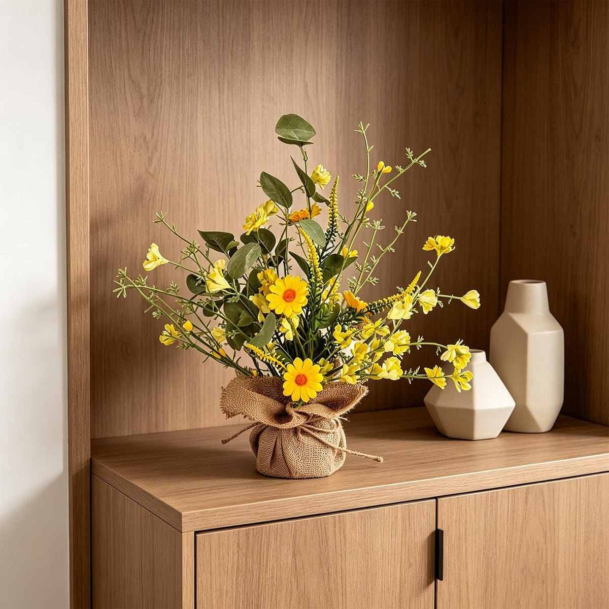 14inch Artificial Daisy and Forsythia Tabletop Decor with Burlap Base, Faux Yellow Flowers Tree Farmhouse Daisies Arrangement for Spring Summer Table Centerpiece Shelf Mantel Decoration