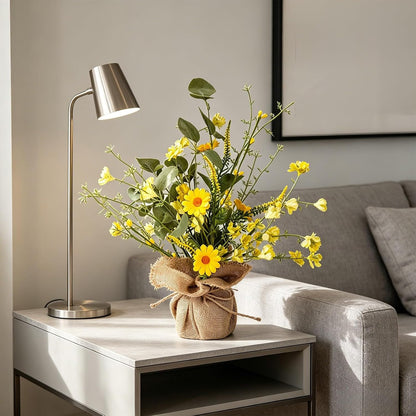 14inch Artificial Daisy and Forsythia Tabletop Decor with Burlap Base, Faux Yellow Flowers Tree Farmhouse Daisies Arrangement for Spring Summer Table Centerpiece Shelf Mantel Decoration