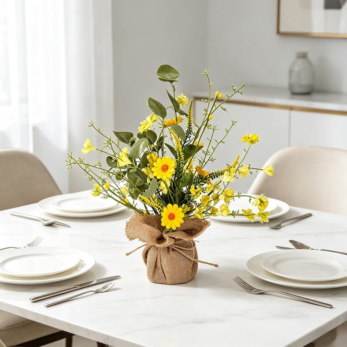 14inch Artificial Daisy and Forsythia Tabletop Decor with Burlap Base, Faux Yellow Flowers Tree Farmhouse Daisies Arrangement for Spring Summer Table Centerpiece Shelf Mantel Decoration