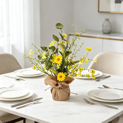 14inch Artificial Daisy and Forsythia Tabletop Decor with Burlap Base, Faux Yellow Flowers Tree Farmhouse Daisies Arrangement for Spring Summer Table Centerpiece Shelf Mantel Decoration