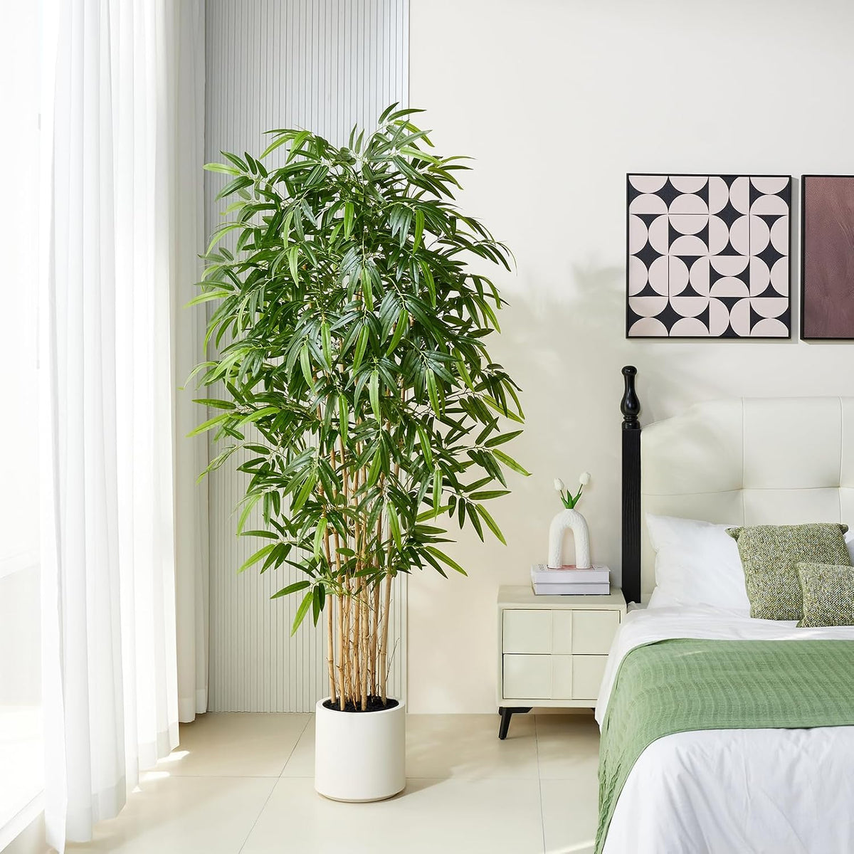 VeriNatural6.5ft Fake Bamboo Plants with White Planter&Real Wood Poles