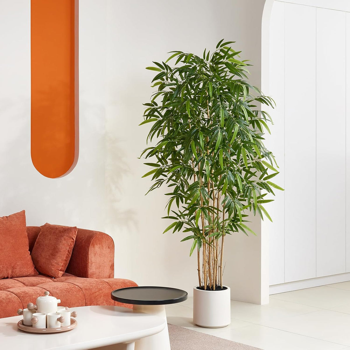 VeriNatural6.5ft Fake Bamboo Plants with White Planter&Real Wood Poles