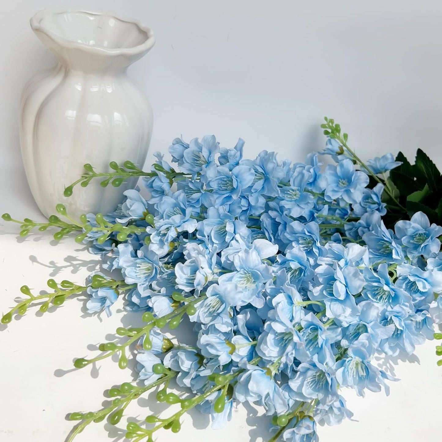 8 pcs White Delphinium Artificial Flowers, 34.25''Artificial Snapdragon Flowers Tall Fake Flowers Silk Flowers Faux Delphinium Bulk for Tall Vase Home Wedding Garden Table Decor (White)