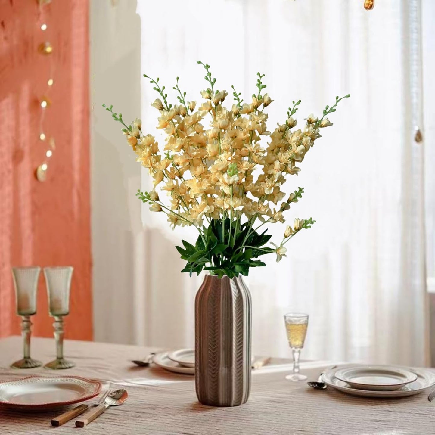8 pcs White Delphinium Artificial Flowers, 34.25''Artificial Snapdragon Flowers Tall Fake Flowers Silk Flowers Faux Delphinium Bulk for Tall Vase Home Wedding Garden Table Decor (White)