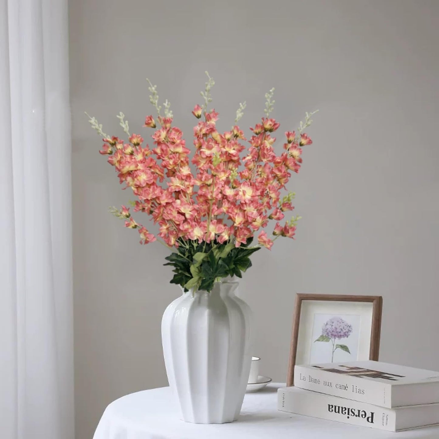8 pcs White Delphinium Artificial Flowers, 34.25''Artificial Snapdragon Flowers Tall Fake Flowers Silk Flowers Faux Delphinium Bulk for Tall Vase Home Wedding Garden Table Decor (White)