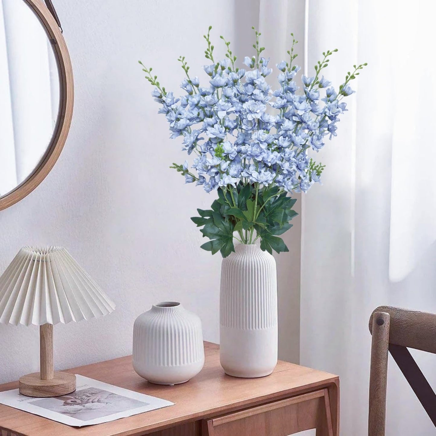 8 pcs White Delphinium Artificial Flowers, 34.25''Artificial Snapdragon Flowers Tall Fake Flowers Silk Flowers Faux Delphinium Bulk for Tall Vase Home Wedding Garden Table Decor (White)