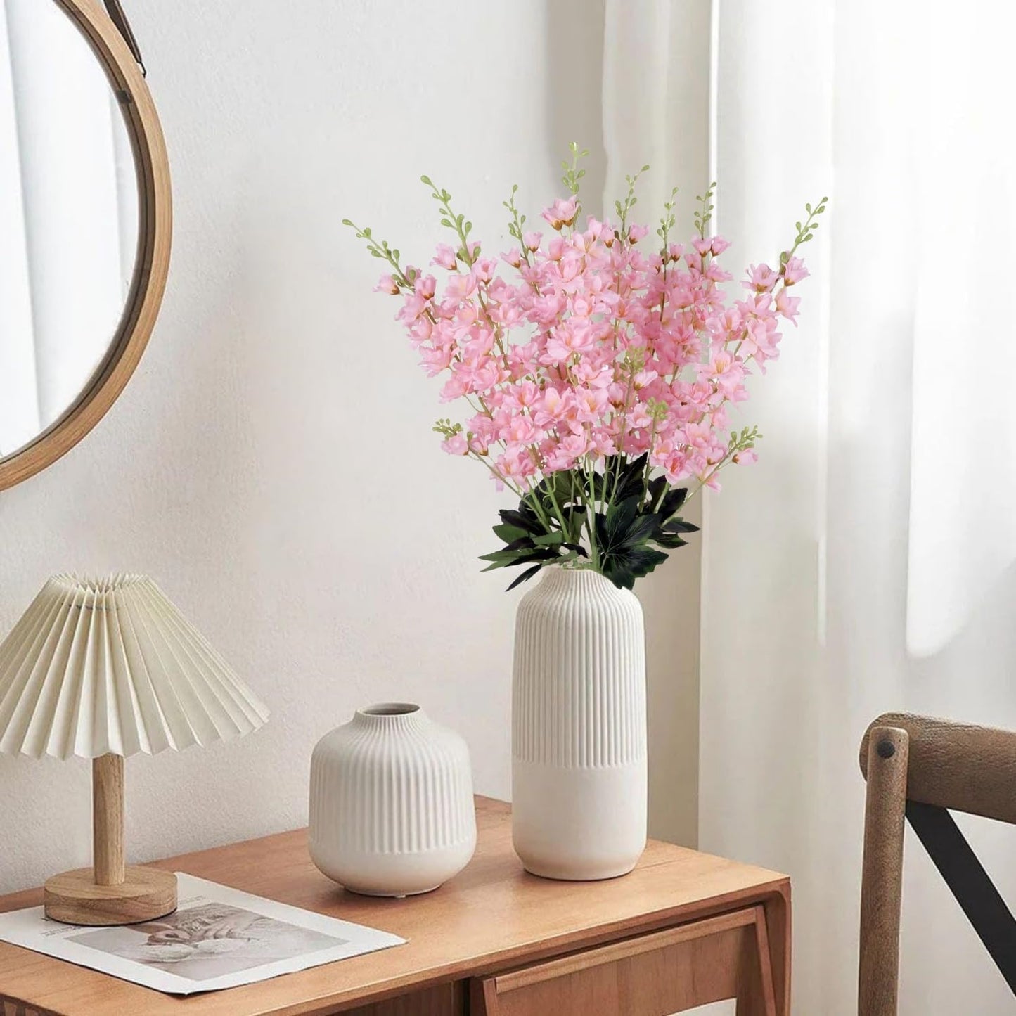 8 pcs White Delphinium Artificial Flowers, 34.25''Artificial Snapdragon Flowers Tall Fake Flowers Silk Flowers Faux Delphinium Bulk for Tall Vase Home Wedding Garden Table Decor (White)