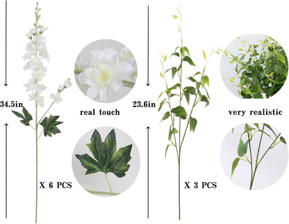 8 pcs White Delphinium Artificial Flowers, 34.25''Artificial Snapdragon Flowers Tall Fake Flowers Silk Flowers Faux Delphinium Bulk for Tall Vase Home Wedding Garden Table Decor (White)