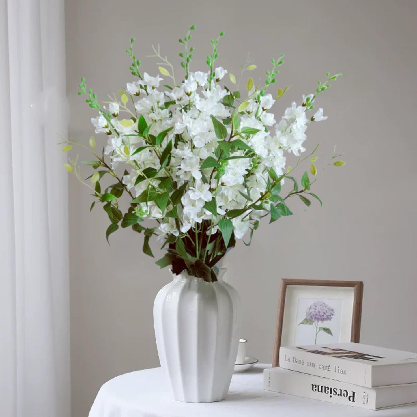 8 pcs White Delphinium Artificial Flowers, 34.25''Artificial Snapdragon Flowers Tall Fake Flowers Silk Flowers Faux Delphinium Bulk for Tall Vase Home Wedding Garden Table Decor (White)