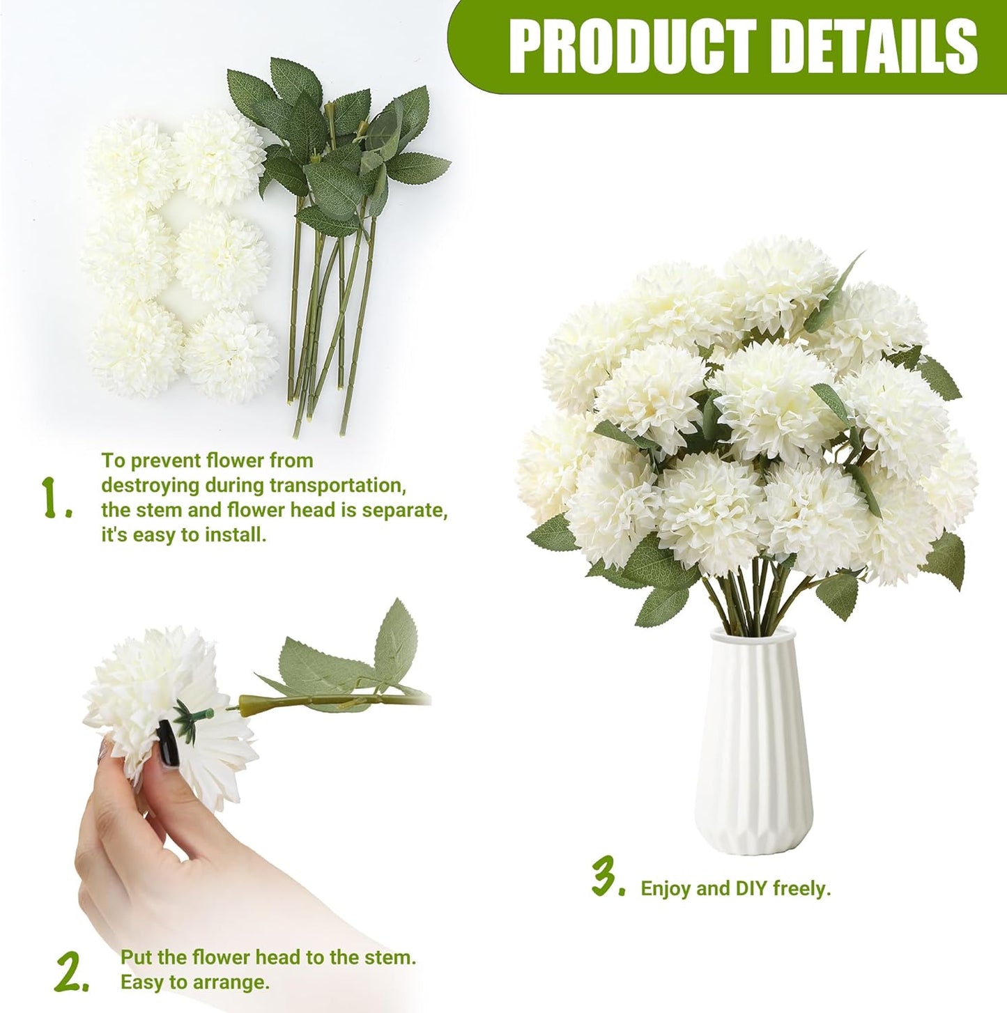 12Pcs Artificial Chrysanthemums Flowers Ball Silk Fall Chrysanthemums Fake Mums for Indoor Outdoors Garden Home Wedding Bouquet Spring Summer Decor(White)