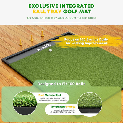 Integrated Golf Hitting Mat with Ball Tray, Thickening Golf Mats Practice Outdoor & Indoor Artificial Turf Matt with 3 Tees