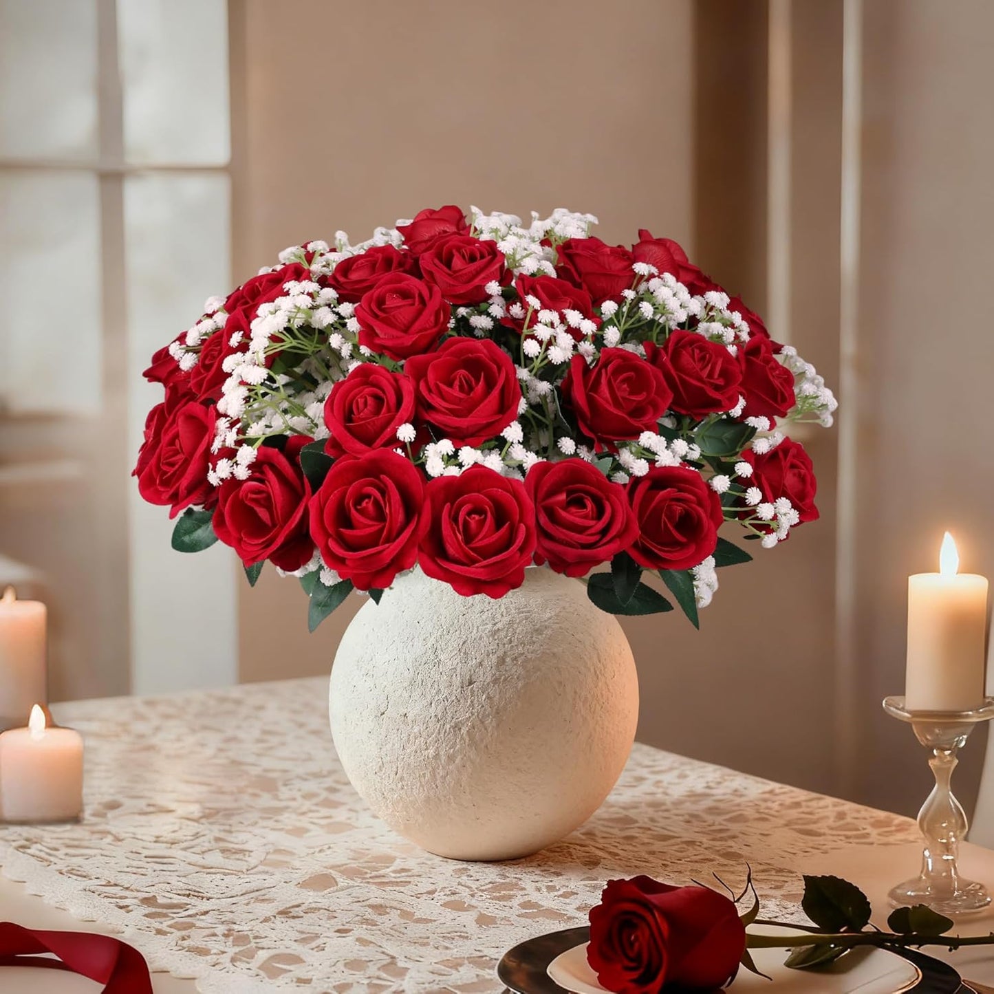 50 PCS Roses Artificial Flowers, Fake Roses with Stem Realistic Blush Silk Rose for DIY Wedding Bouquets Table Centerpieces Arrangements Baby Shower Birthday Home Decor Valentines Day Gift for Her