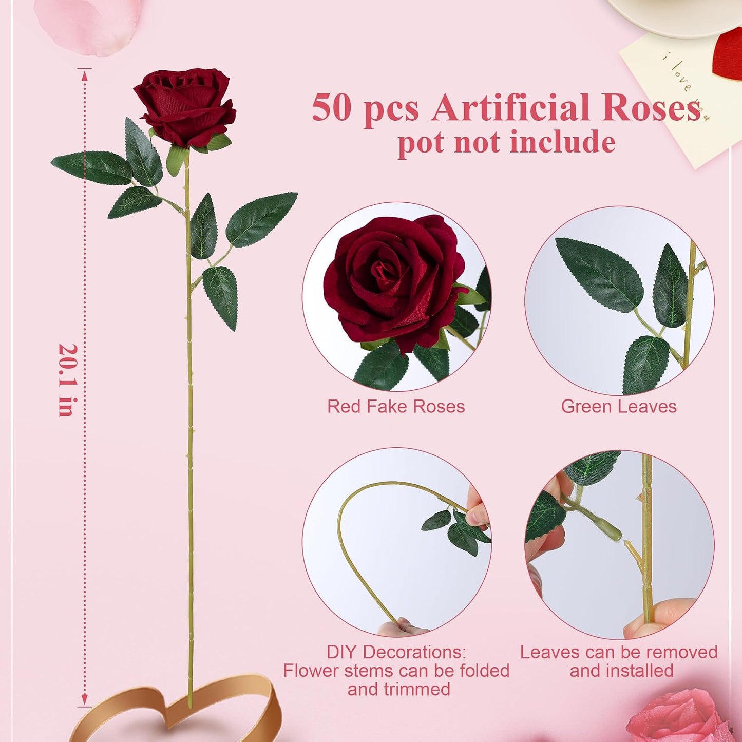 50 PCS Roses Artificial Flowers, Fake Roses with Stem Realistic Blush Silk Rose for DIY Wedding Bouquets Table Centerpieces Arrangements Baby Shower Birthday Home Decor Valentines Day Gift for Her