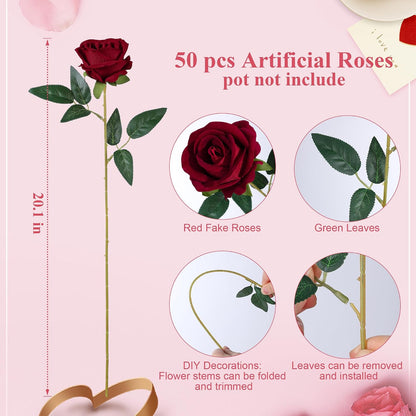 50 PCS Roses Artificial Flowers, Fake Roses with Stem Realistic Blush Silk Rose for DIY Wedding Bouquets Table Centerpieces Arrangements Baby Shower Birthday Home Decor Valentines Day Gift for Her