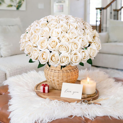 50 PCS Roses Artificial Flowers, Fake Roses with Stem Realistic Blush Silk Rose for DIY Wedding Bouquets Table Centerpieces Arrangements Baby Shower Birthday Home Decor Valentines Day Gift for Her