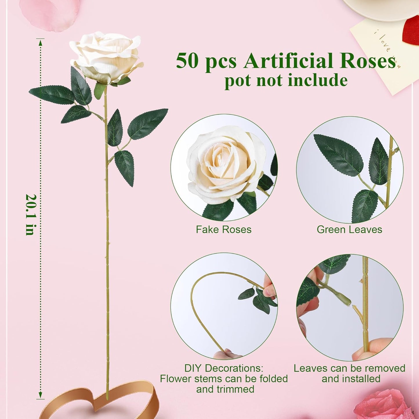 50 PCS Roses Artificial Flowers, Fake Roses with Stem Realistic Blush Silk Rose for DIY Wedding Bouquets Table Centerpieces Arrangements Baby Shower Birthday Home Decor Valentines Day Gift for Her