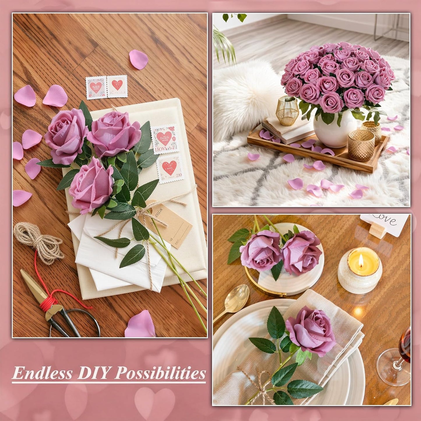 50 PCS Roses Artificial Flowers, Fake Roses with Stem Realistic Blush Silk Rose for DIY Wedding Bouquets Table Centerpieces Arrangements Baby Shower Birthday Home Decor Valentines Day Gift for Her