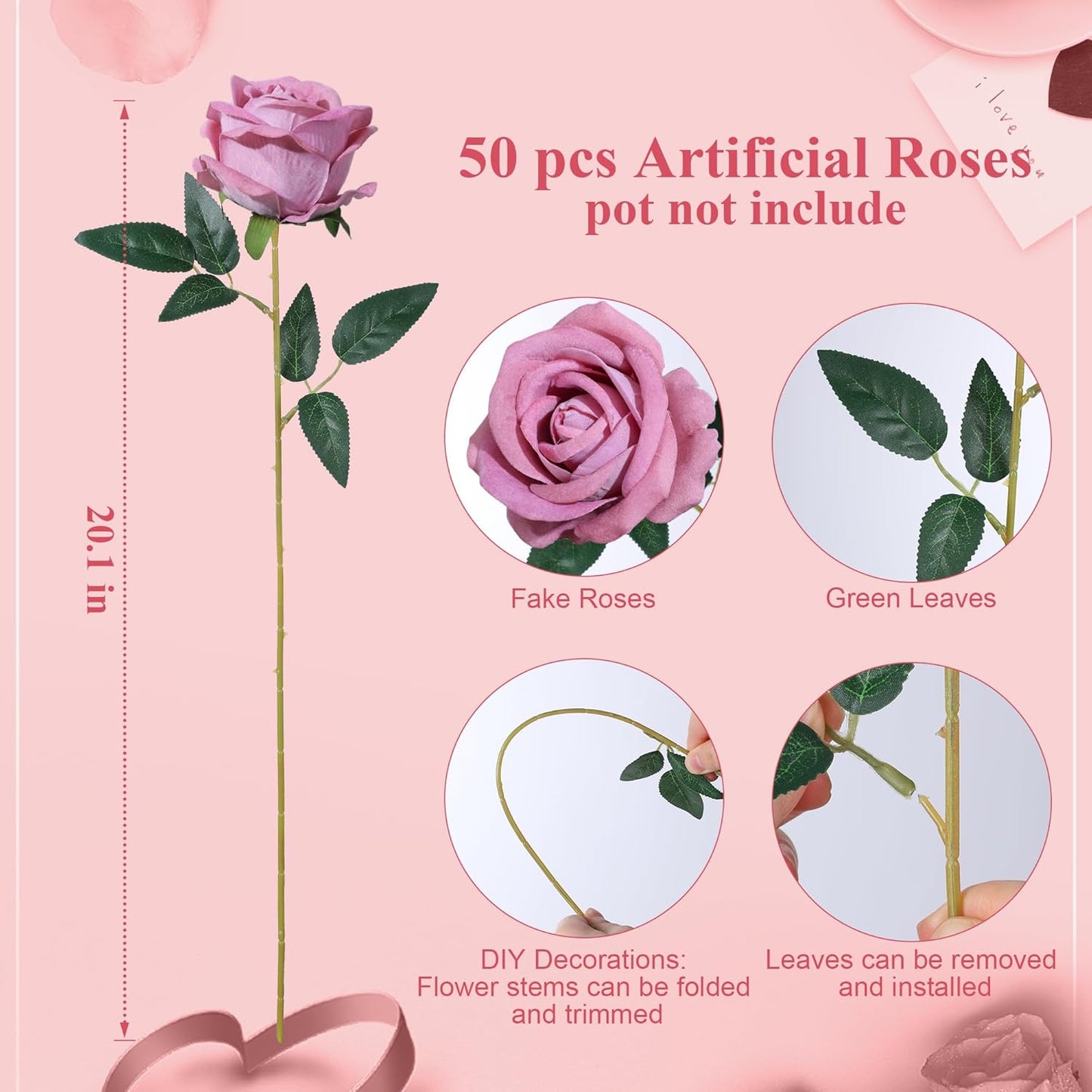 50 PCS Roses Artificial Flowers, Fake Roses with Stem Realistic Blush Silk Rose for DIY Wedding Bouquets Table Centerpieces Arrangements Baby Shower Birthday Home Decor Valentines Day Gift for Her