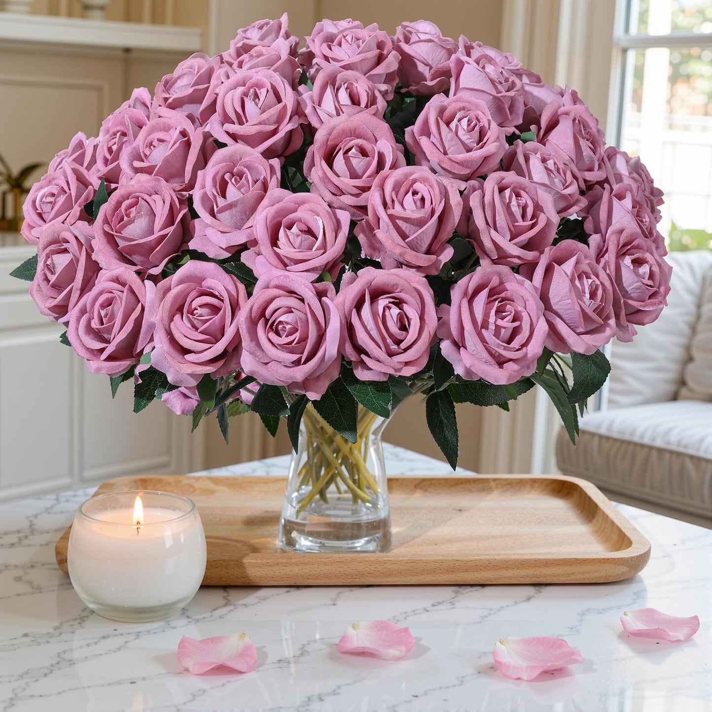 50 PCS Roses Artificial Flowers, Fake Roses with Stem Realistic Blush Silk Rose for DIY Wedding Bouquets Table Centerpieces Arrangements Baby Shower Birthday Home Decor Valentines Day Gift for Her