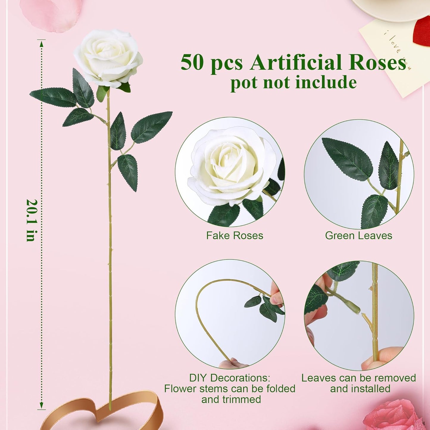 50 PCS Roses Artificial Flowers, Fake Roses with Stem Realistic Blush Silk Rose for DIY Wedding Bouquets Table Centerpieces Arrangements Baby Shower Birthday Home Decor Valentines Day Gift for Her